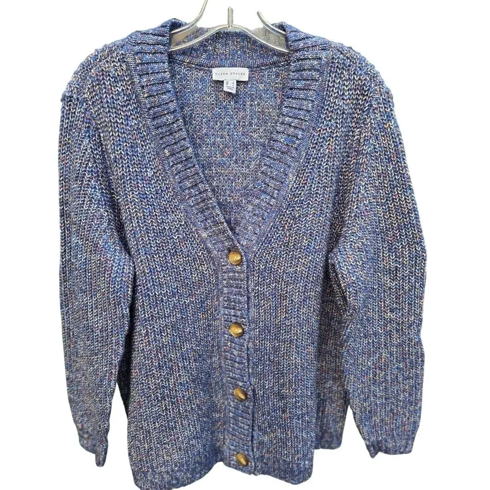 Susan Graver Blue Tweed Cardigan Sweater L – Preppy V-Neck Button-Up